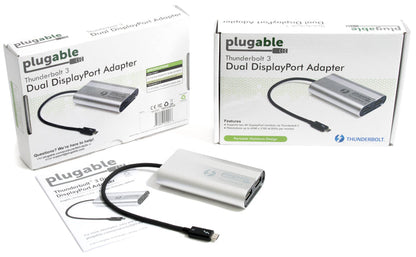 TBT3-DP2X specs: 2 full-size DisplayPort outputs, 10-inch captive Thunderbolt 3 cable, supports two 4K 60Hz monitors.