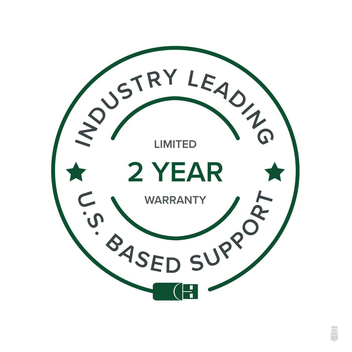 Badge stating Industry Leading, Limited 2 Year Warranty, and U.S. Based Support.