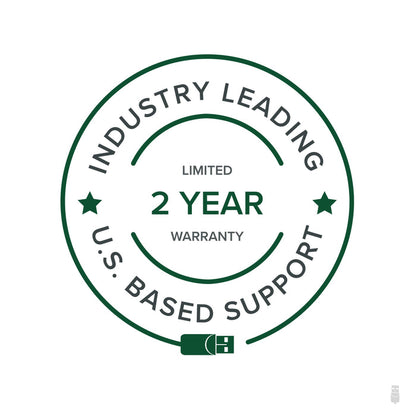 Badge stating Industry Leading, Limited 2 Year Warranty, and U.S. Based Support.