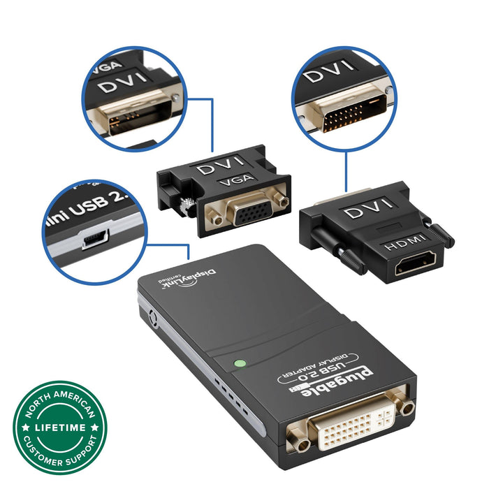 Plugable UGA-165 USB 2.0 display adapter with Mini USB 2.0 port and included DVI to VGA and DVI to HDMI adapters.