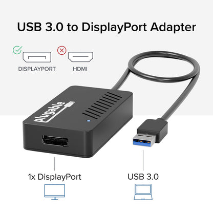 Plugable USB 3.0 to DisplayPort adapter showing 1x DisplayPort output and USB 3.0 input; HDMI is not supported.