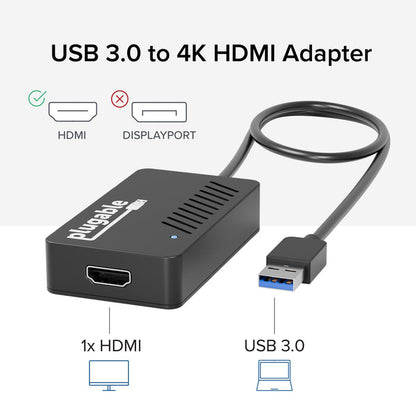 Plugable USB 3.0 to 4K HDMI adapter showing 1x HDMI output and USB 3.0 input. Compatible with HDMI, not DisplayPort.