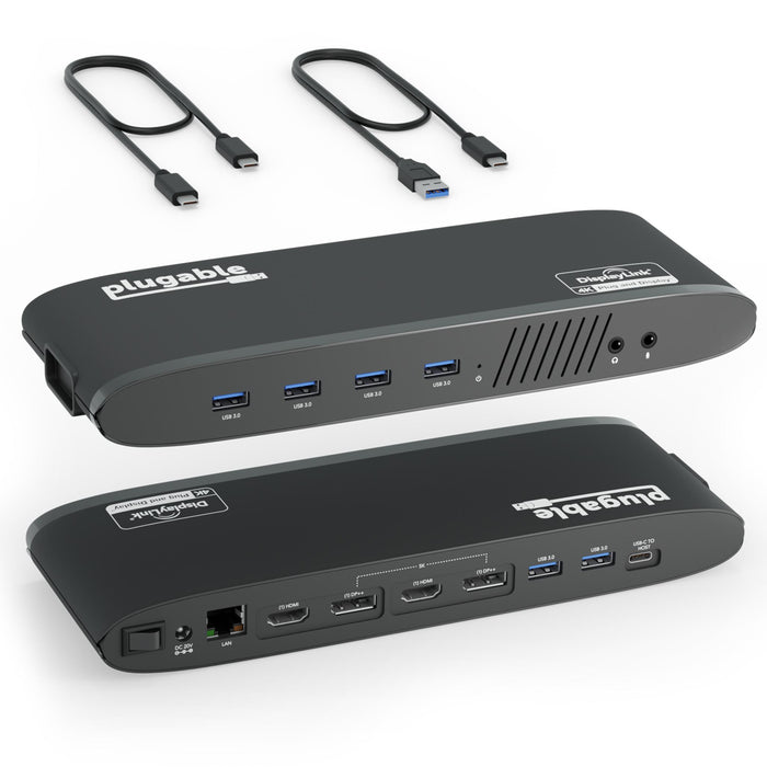 Plugable UD-6950H docking station with front 4 USB 3.0, audio ports; rear 2 HDMI, 2 DP++, 2 USB 3.0, USB-C host, LAN.