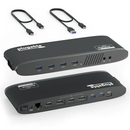 Plugable UD-6950H docking station with front 4 USB 3.0, audio ports; rear 2 HDMI, 2 DP++, 2 USB 3.0, USB-C host, LAN.