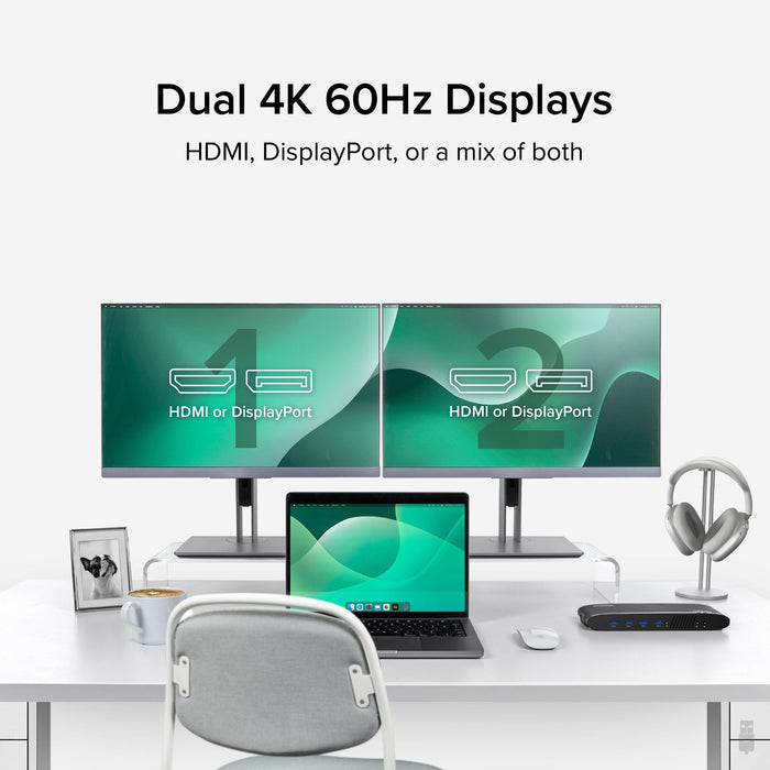 UD-6950H supports dual 4K 60Hz displays via HDMI or DisplayPort for each monitor.