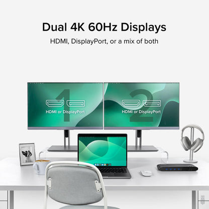 UD-6950H supports dual 4K 60Hz displays via HDMI or DisplayPort for each monitor.