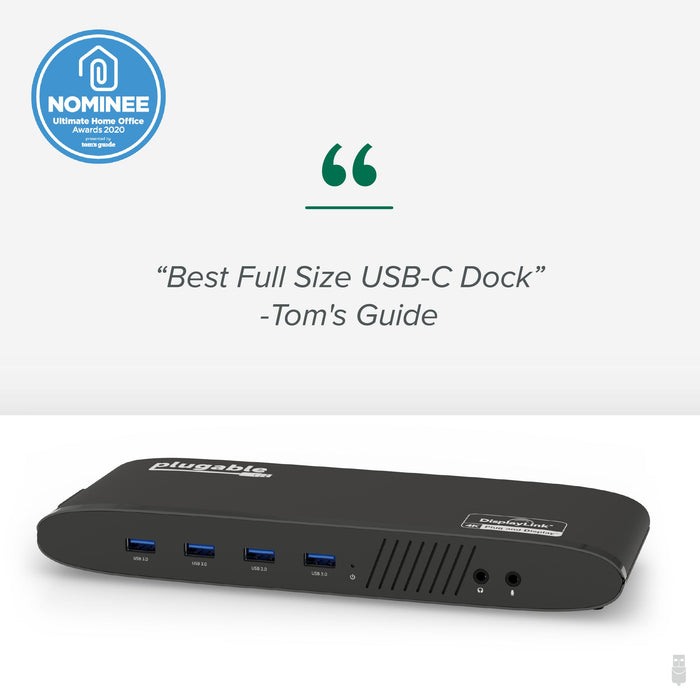 UD-6950H docking station, packaging, power adapter, USB-C to USB-C cable, and USB-C to USB-A cable.