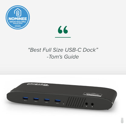 UD-6950H docking station, packaging, power adapter, USB-C to USB-C cable, and USB-C to USB-A cable.