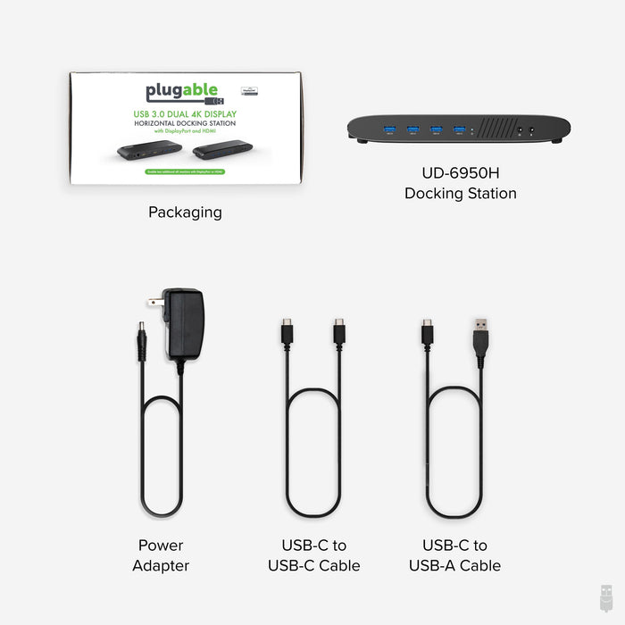 Plugable docking stations and hubs shown in office and home workspace setups with dual monitor configurations.