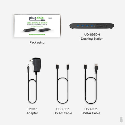 Plugable docking stations and hubs shown in office and home workspace setups with dual monitor configurations.
