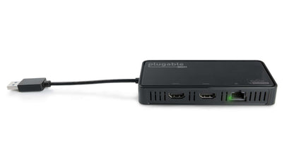 Plugable USB 3.0 adapter with two HDMI ports, Gigabit Ethernet port, and DisplayLink 4K certification.