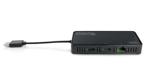 Plugable USB 3.0 adapter with two HDMI ports, Gigabit Ethernet port, and DisplayLink 4K certification.