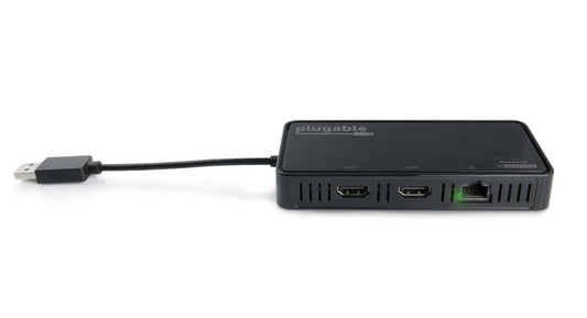 Plugable USB 3.0 adapter with two HDMI ports, Gigabit Ethernet port, and DisplayLink 4K certification.