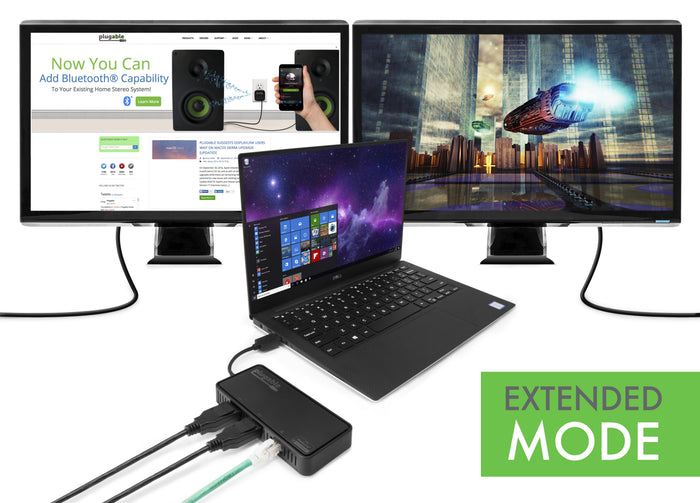 Plugable USB 3.0 Dual 4K DisplayPort adapter connected to a laptop and two monitors in extended display mode.