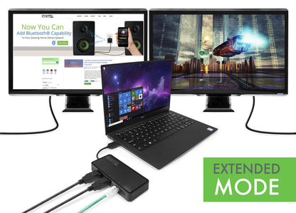 Plugable USB 3.0 Dual 4K DisplayPort adapter connected to a laptop and two monitors in extended display mode.