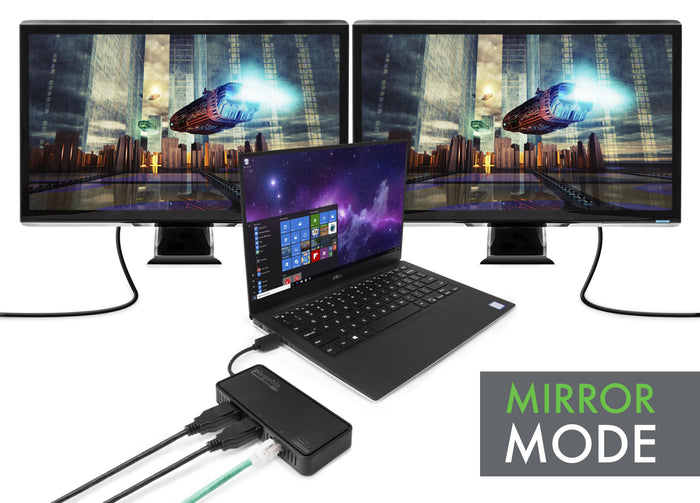 Plugable USB3-6950-DP adapter connected to a laptop and two monitors in mirror mode.