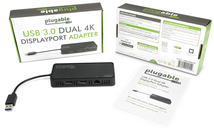 USB3-6950-DP adapter with two DisplayPort++ outputs, Gigabit Ethernet, and DisplayLink DL-6950 chipset.