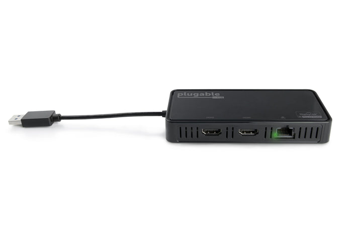 Plugable USB 3.0 adapter with two HDMI ports, one Gigabit Ethernet port, and DisplayLink 4K Plug and Display branding.