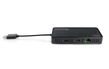 Plugable USB 3.0 adapter with two HDMI ports, one Gigabit Ethernet port, and DisplayLink 4K Plug and Display branding.
