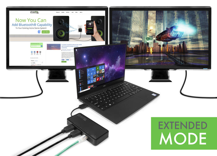 Plugable USB3-6950-HDMI adapter connected to a laptop and two monitors in extended display mode.