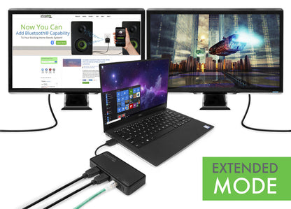 Plugable USB3-6950-HDMI adapter connected to a laptop and two monitors in extended display mode.