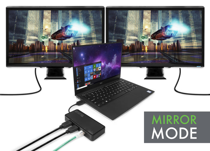 Plugable USB 3.0 Dual 4K HDMI adapter connected to a laptop and two monitors in mirror mode.