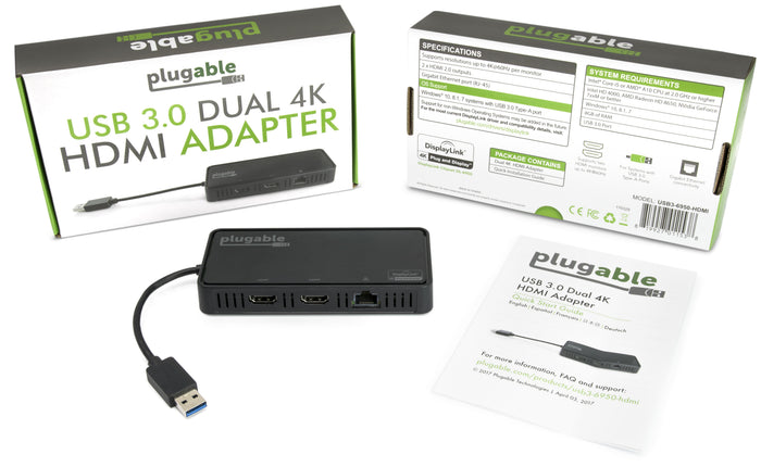 USB3-6950-HDMI specs: 2x HDMI 2.0 (4K@60Hz), Gigabit Ethernet, DisplayLink DL-6950, Windows 10, 8.1, 7 compatibility.
