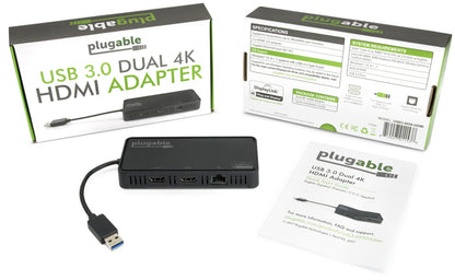 USB3-6950-HDMI specs: 2x HDMI 2.0 (4K@60Hz), Gigabit Ethernet, DisplayLink DL-6950, Windows 10, 8.1, 7 compatibility.