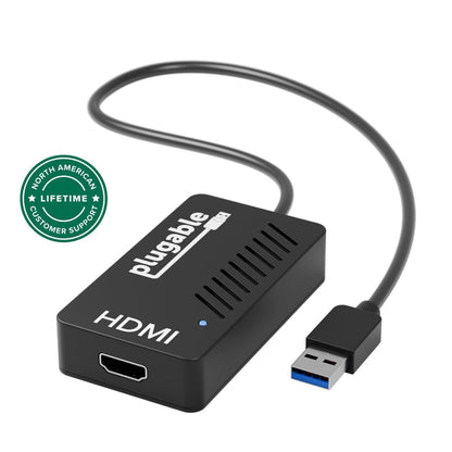 Plugable UGA-2KHDMI USB 3.0 to HDMI adapter with integrated USB-A cable and North American lifetime customer support.