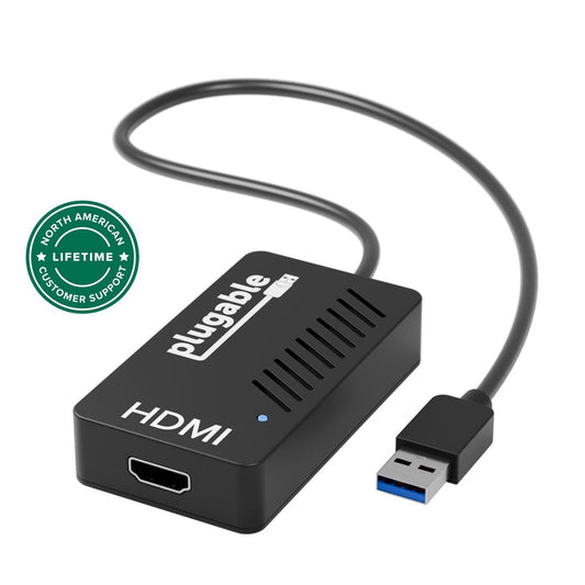 Plugable UGA-2KHDMI USB 3.0 to HDMI adapter with integrated USB-A cable and North American lifetime customer support.
