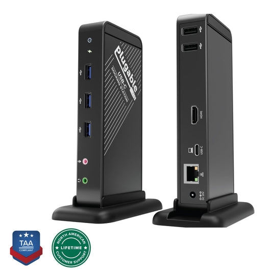 Plugable UD-CA1A USB-C docking station with front USB, audio ports and rear HDMI, USB-C, Ethernet, and 20V DC power.
