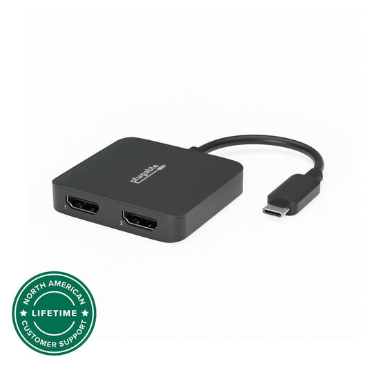 Plugable USBC-MSTH2 USB-C to dual HDMI adapter with two numbered HDMI ports and North American lifetime support badge.