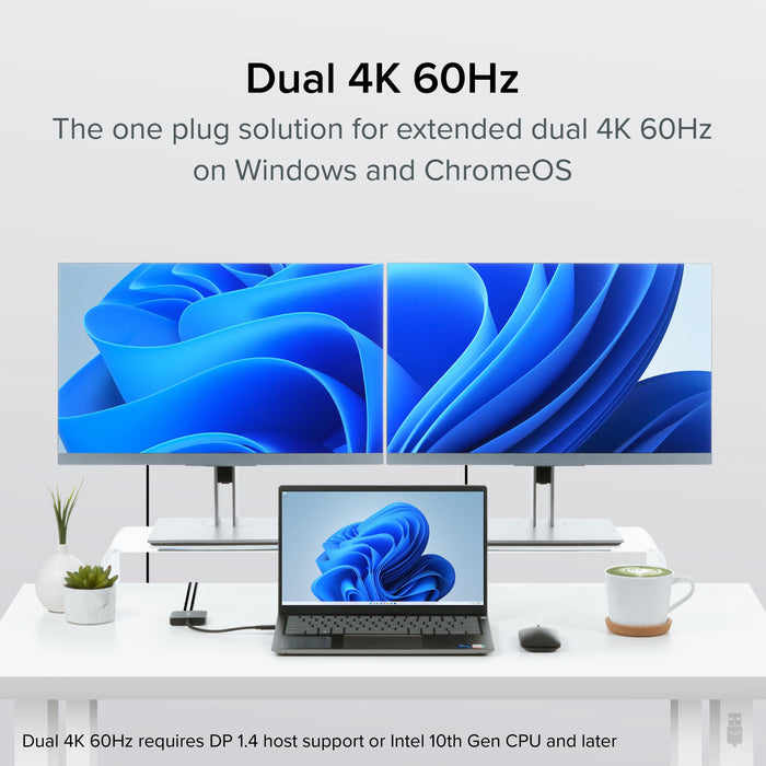 USBC-MSTH2 supports dual 4K 60Hz extended displays on Windows and ChromeOS; requires DP 1.4 or Intel 10th Gen+ CPU.
