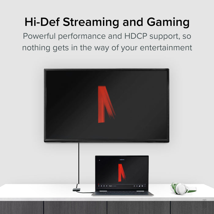 USBC-MSTH2 adapter supporting HDCP for high-definition streaming and gaming on external displays.