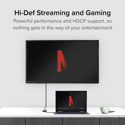 USBC-MSTH2 adapter supporting HDCP for high-definition streaming and gaming on external displays.