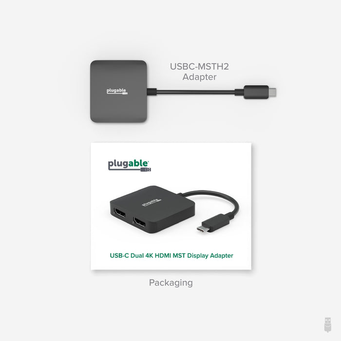 USBC-MSTH2 USB-C Dual 4K HDMI MST Display Adapter showing top view and packaging box with two HDMI ports.