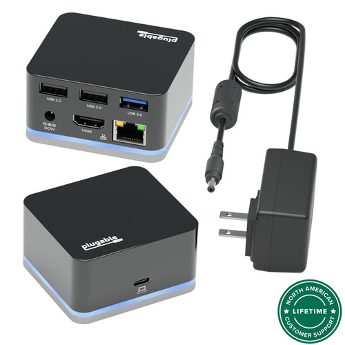Plugable UD-CUBE dock with USB-C host, HDMI, Gigabit Ethernet, two USB 2.0, one USB 3.0, and DC5V power adapter.