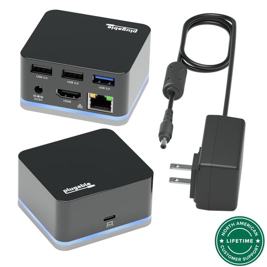 Plugable UD-CUBE dock with USB-C host, HDMI, Gigabit Ethernet, two USB 2.0, one USB 3.0, and DC5V power adapter.