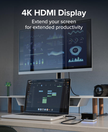 UD-CUBE docking station connected to a laptop and external monitor, supporting 4K HDMI display output.