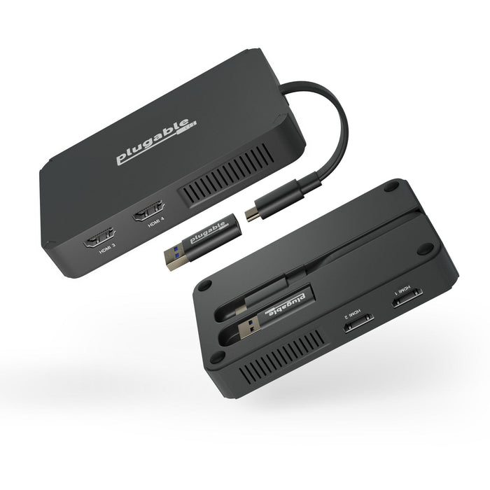 Plugable USBC-768H4 quad HDMI adapter with USB-C to USB-A adapter, featuring four HDMI ports labeled 1 through 4.