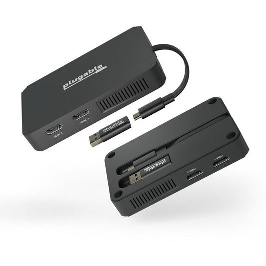 Plugable USBC-768H4 quad HDMI adapter with USB-C to USB-A adapter, featuring four HDMI ports labeled 1 through 4.