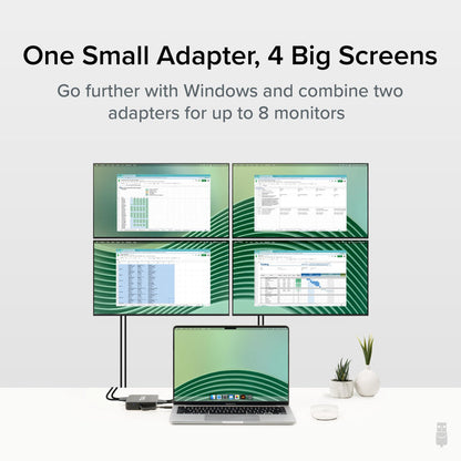 USBC-768H4 adapter connecting four monitors to a laptop; Windows users can combine two adapters for eight displays.