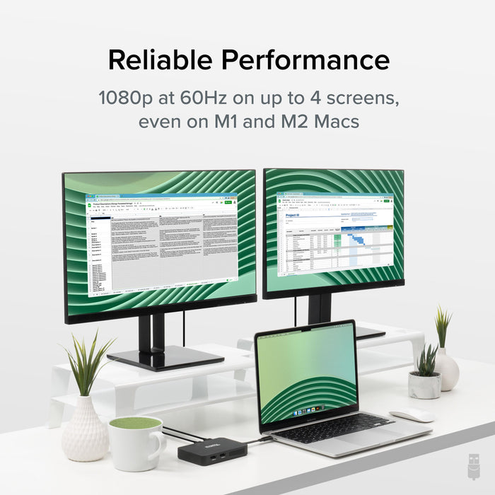 Plugable USBC-768H4 supports 1080p at 60Hz on up to 4 screens, including compatibility with M1 and M2 Mac systems.
