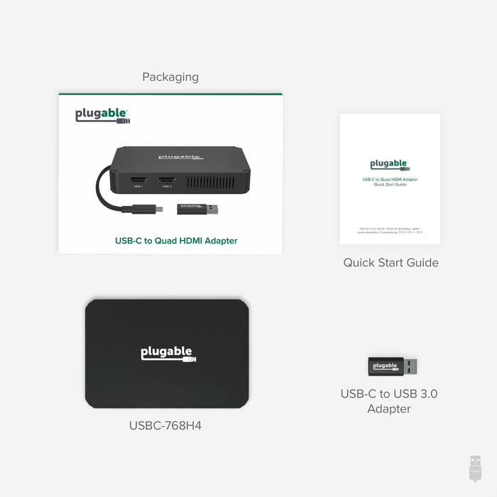 USBC-768H4 contents: USB-C to quad HDMI adapter, quick start guide, and USB-C to USB 3.0 adapter.