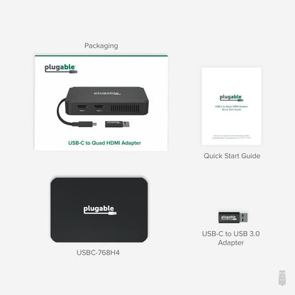 USBC-768H4 contents: USB-C to quad HDMI adapter, quick start guide, and USB-C to USB 3.0 adapter.