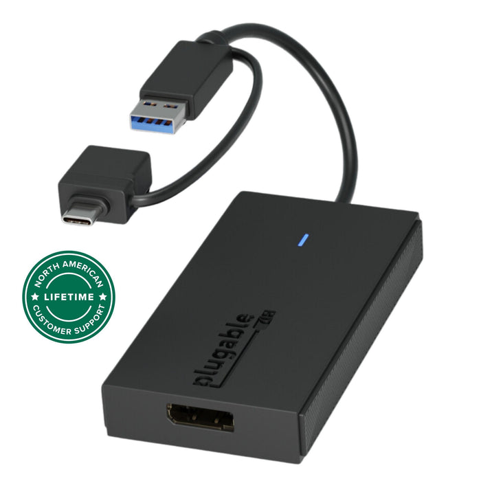 Plugable UGA-DP-S adapter with USB-A and USB-C connectors and a DisplayPort output port.