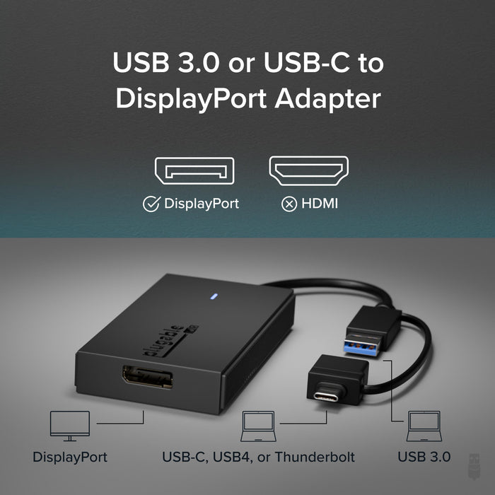 Plugable USB 3.0 or USB-C to DisplayPort adapter. Supports DisplayPort output from USB-C, USB4, Thunderbolt, or USB 3.0.
