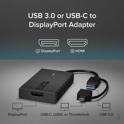 Plugable USB 3.0 or USB-C to DisplayPort adapter. Supports DisplayPort output from USB-C, USB4, Thunderbolt, or USB 3.0.