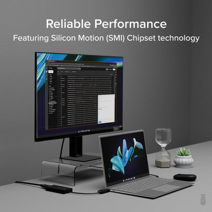 Plugable UGA-DP-S adapter featuring Silicon Motion (SMI) chipset technology for reliable display performance.