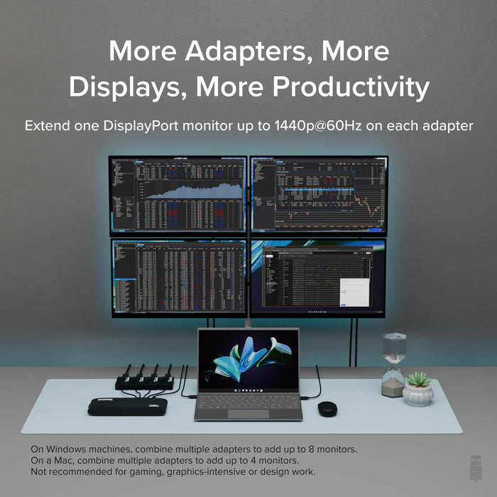 UGA-DP-S adapter extends one DisplayPort monitor up to 1440p at 60Hz. Supports up to 8 monitors on Windows, 4 on Mac.
